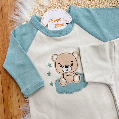 Conj. de Malha 3 peças - Bear com Estrelinhas - Verde Menta e Gelo